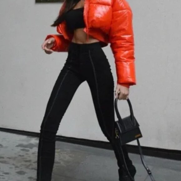 Zara Cropped Puffer Jacket Red (Orange) Shiny Quilted Women's Size S - Picture 3 of 3
